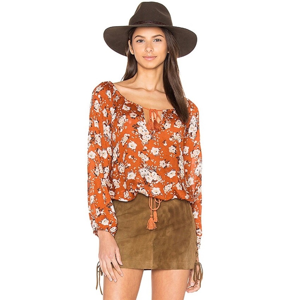 SPELL Dancer Floral Print Tie Neck Long Sleeve Blouse‎ Top XS Rust Orange